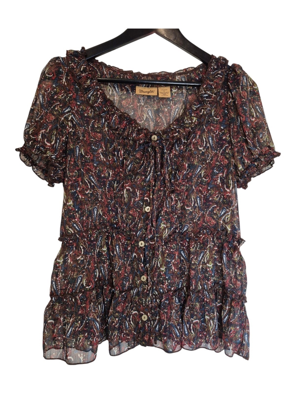 Wrangler Sheer Paisley Tiered Ruffle Button Front Blouse Size Small